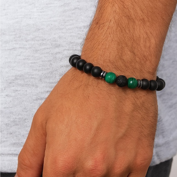 Matte Black Lava Rock & Green Malachite Bead Bracelet – Stretch Elastic Design - Picture 2 of 3